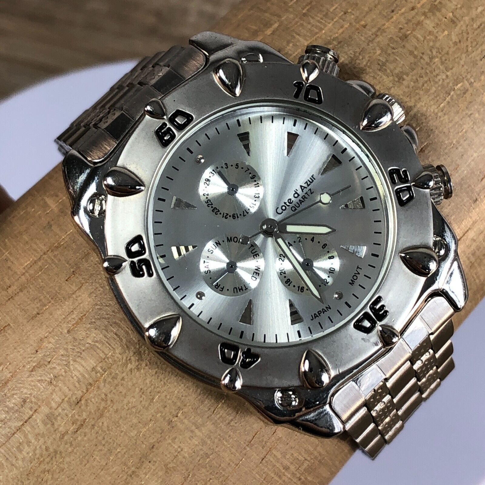 Cote d Azur Mens Silver Tone Day Date Analog Metal Quartz Cote d Azur Mens Silver Tone Day Date Analog Metal Quartz