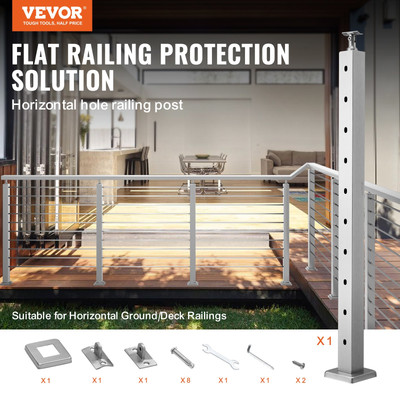 VEVOR Cable Railing Post, 36'' x 2'' x 2'' Steel Horizontal Hole Deck Railing Post,