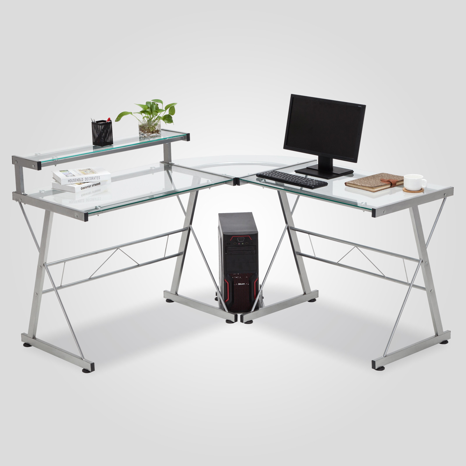 L Shape Corner Home Office Computer Desk Pc Glass Laptop Table