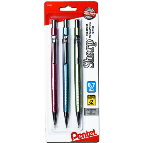 Pentel Sharp P207MBP3M1 Mechanical Pencils, 0.7mm, Metallic Series, Pack Of 3