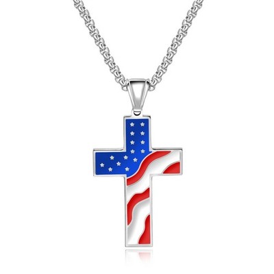 USA Flag American Cross Pendant Necklace Stainless Steel Men Christian Jesus