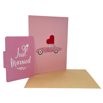 Pop Up Greeting Card - 3D Pop-Up Love Road Trip in a Pink Vintage Car