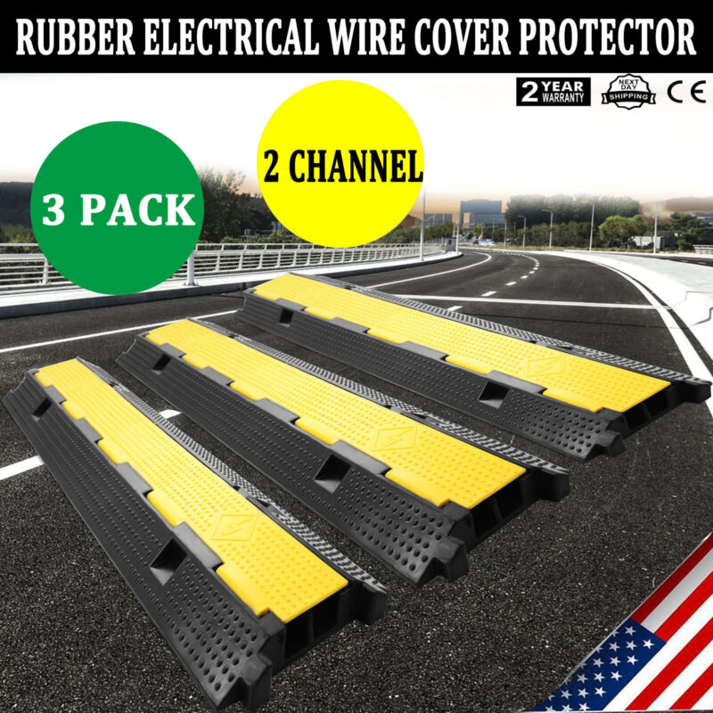 3pcs 2-Cable Speed Bumps Rubber Wire Cover Ramp Dual Channel Cable Protector