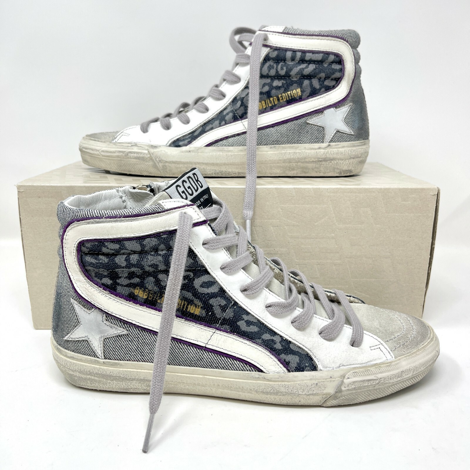 Pre-owned Golden Goose High Top Women Sneakers Denim Leather Suede Shoes Us Size 7, 8, 9 In Gray