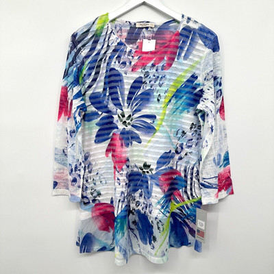 Jess and Jane Tunic Top Shirt Blouse Large Stretch Knit Floral 3/4 Sleeve Linda