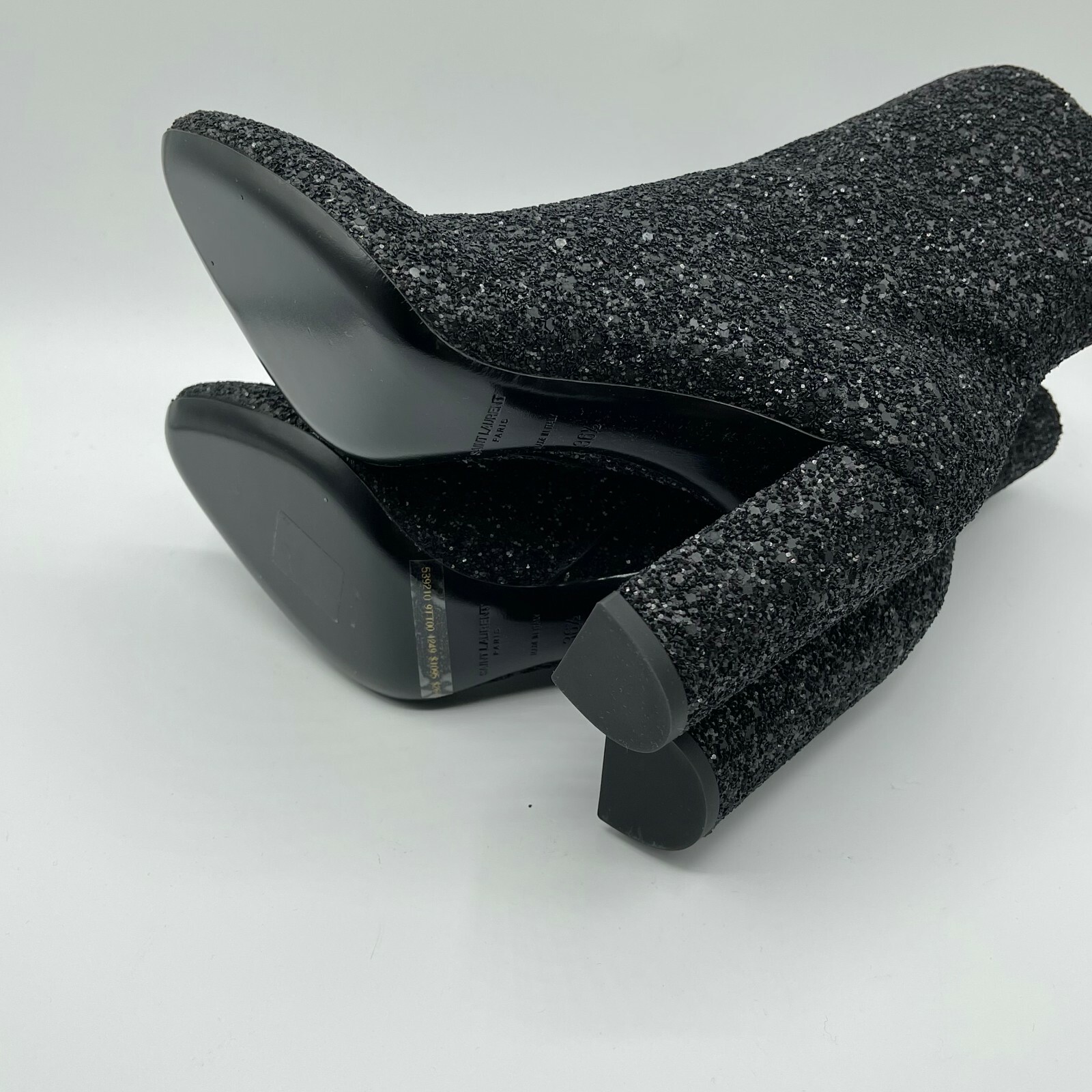 Pre-owned Saint Laurent $1095  Women Black Glitter Leather 110 Heel Ankle Boots 539210 1249