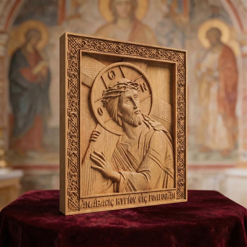 Jesus Christ Ascent to Golgotha Wooden Carved Handmade Byzantine Christian Icon