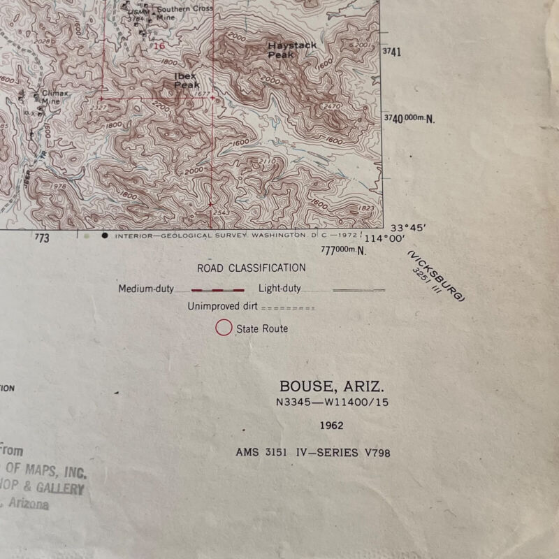 Vintage  Quadrangle Arizona- 1/62500 Topo Map USGS Topographic 1962 Bouse  CC