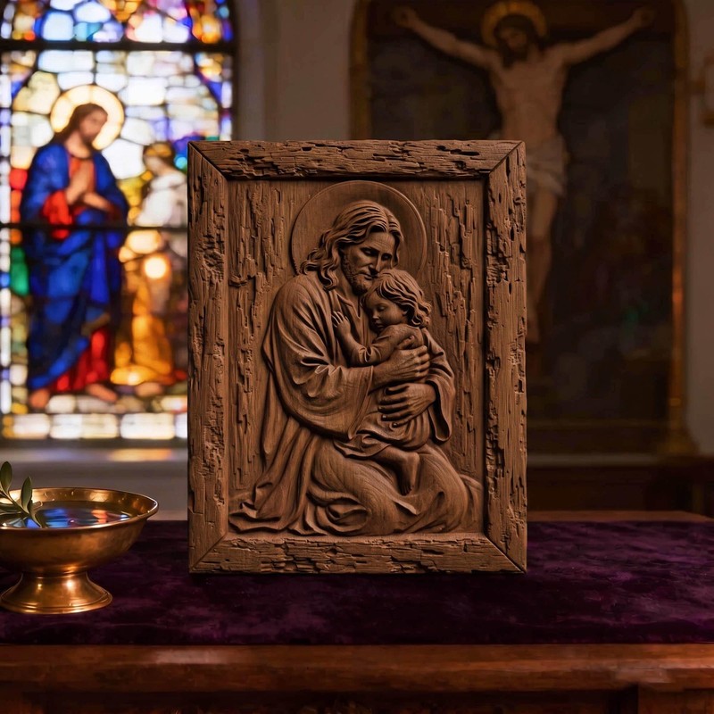 Jesus Holding Child Wooden Carved Handmade Christian Icon | Byzantine Home Decor