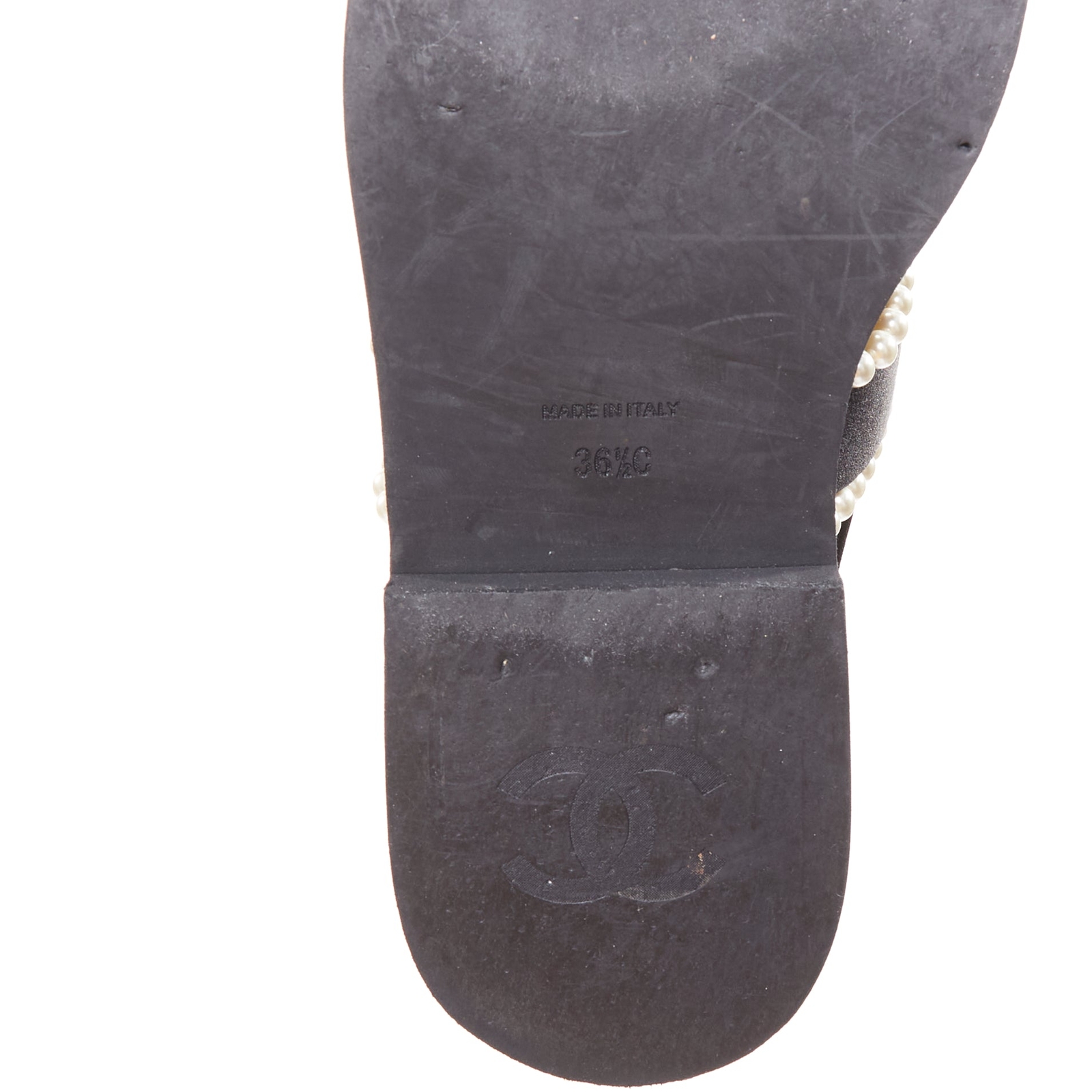 CHANEL 2022 black pearl embellished satin CC flat dad sandals EU36
