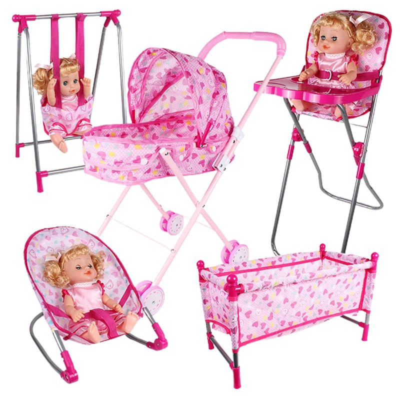 Doll Stroller Playset Doll Nursery Role Play Playset Stroller Swing Chair Bed