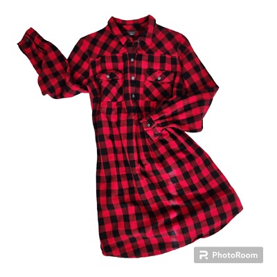 Eddie Bauer Western-Inspired Buffalo Plaid Red & Black Flannel Shirt Dress  12