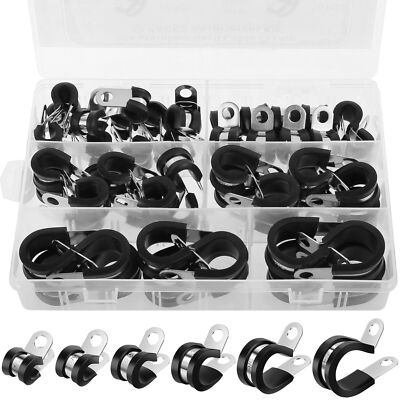 52Pcs Cable Clamps Assortment Kit 304 Stainless Steel Rubber Cushion 6 Sizes US