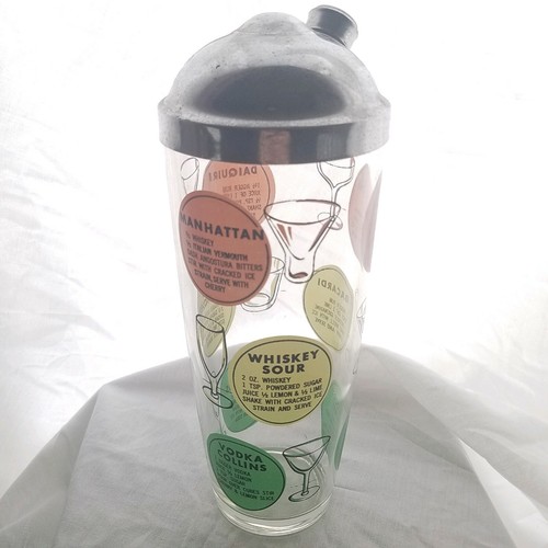 Vintage Mid-Century GLASS COCKTAIL MIXER SHAKER with METAL LID & Recipes