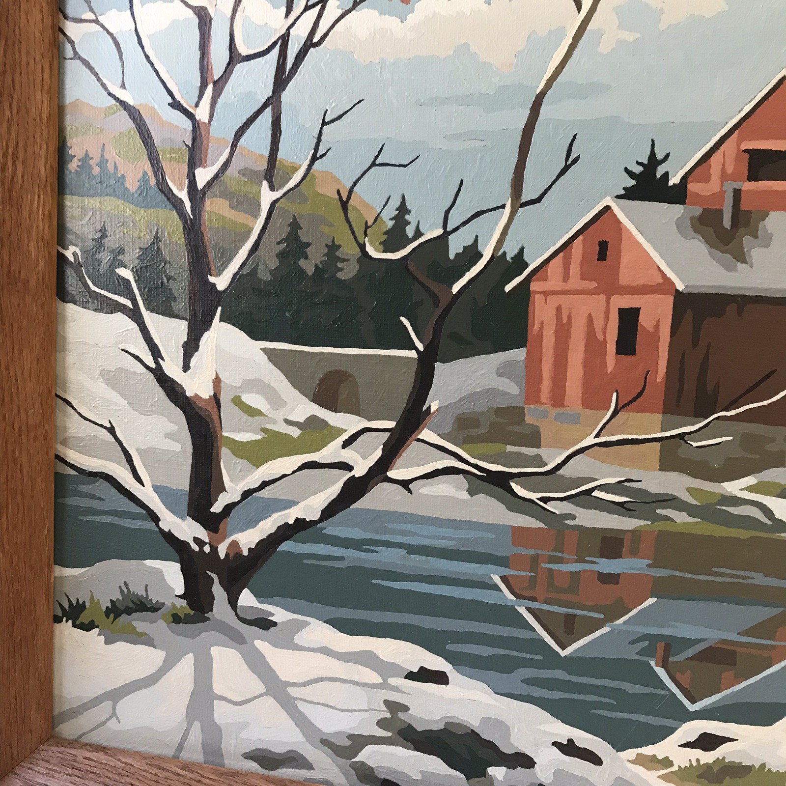 Vintage Paint by Number Painting Framed Water Wheel Mill House in Winter 22