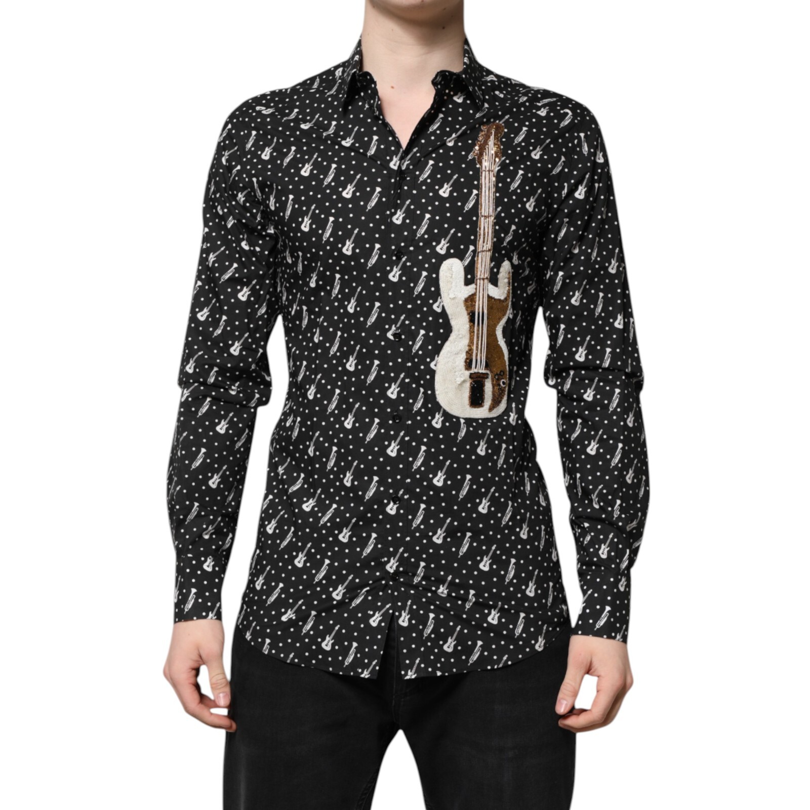 DOLCE&GABBANA GOLD ドット長袖シャツ ブラック　37イタリア製 DOLCE & GABBANA Shirt GOLD Black White Polka Dots Casual Top