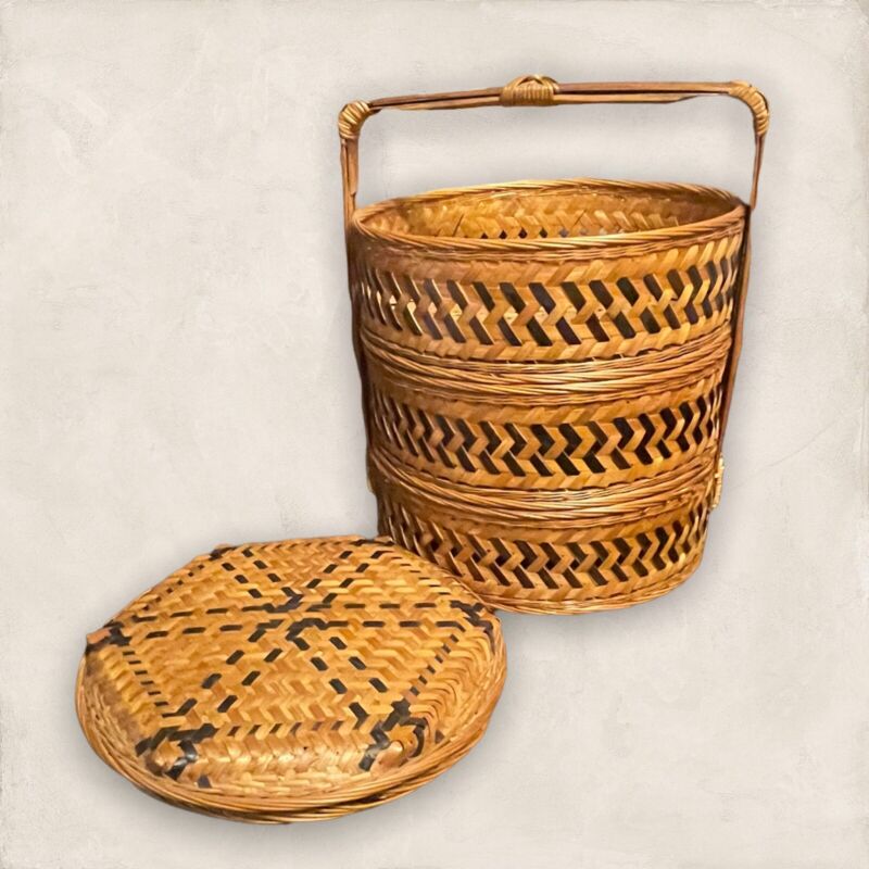 Vintage CHINESE ASIAN WEDDING BASKET 3 TIER WOVEN WICKER RATTAN BAMBOO CANE