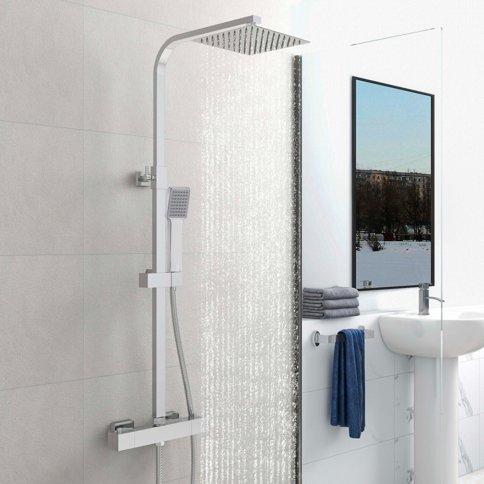 Zovajonia Duscharmatur-Set Chrom – 10 Zoll Regendusche & Handbrause, Hochdruck, Deckenmontage, Komplettset