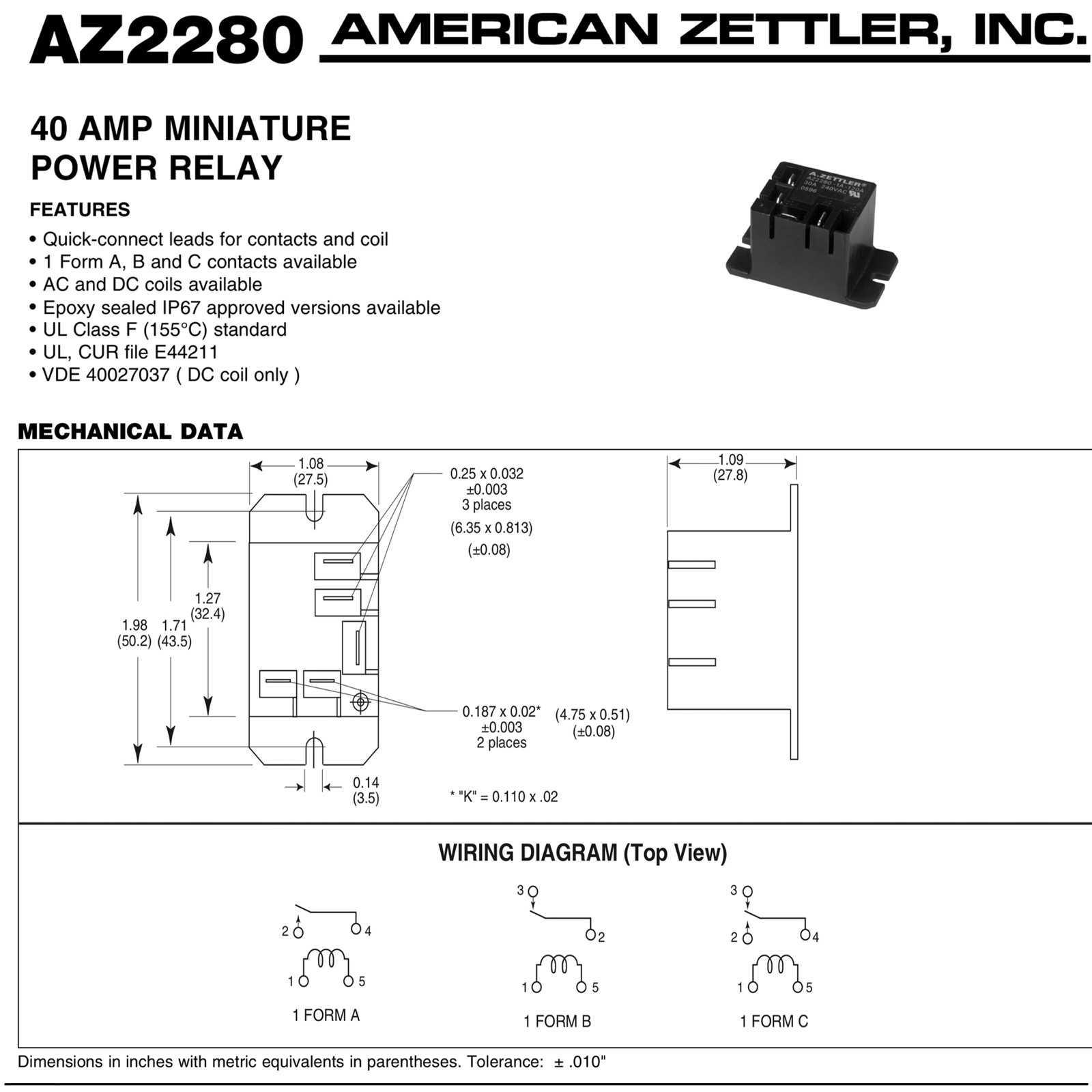 ZETTLER MINI POWER RELAY AZ22801A24AF 30A 277VAC 28VDC UNIVERSAL 24