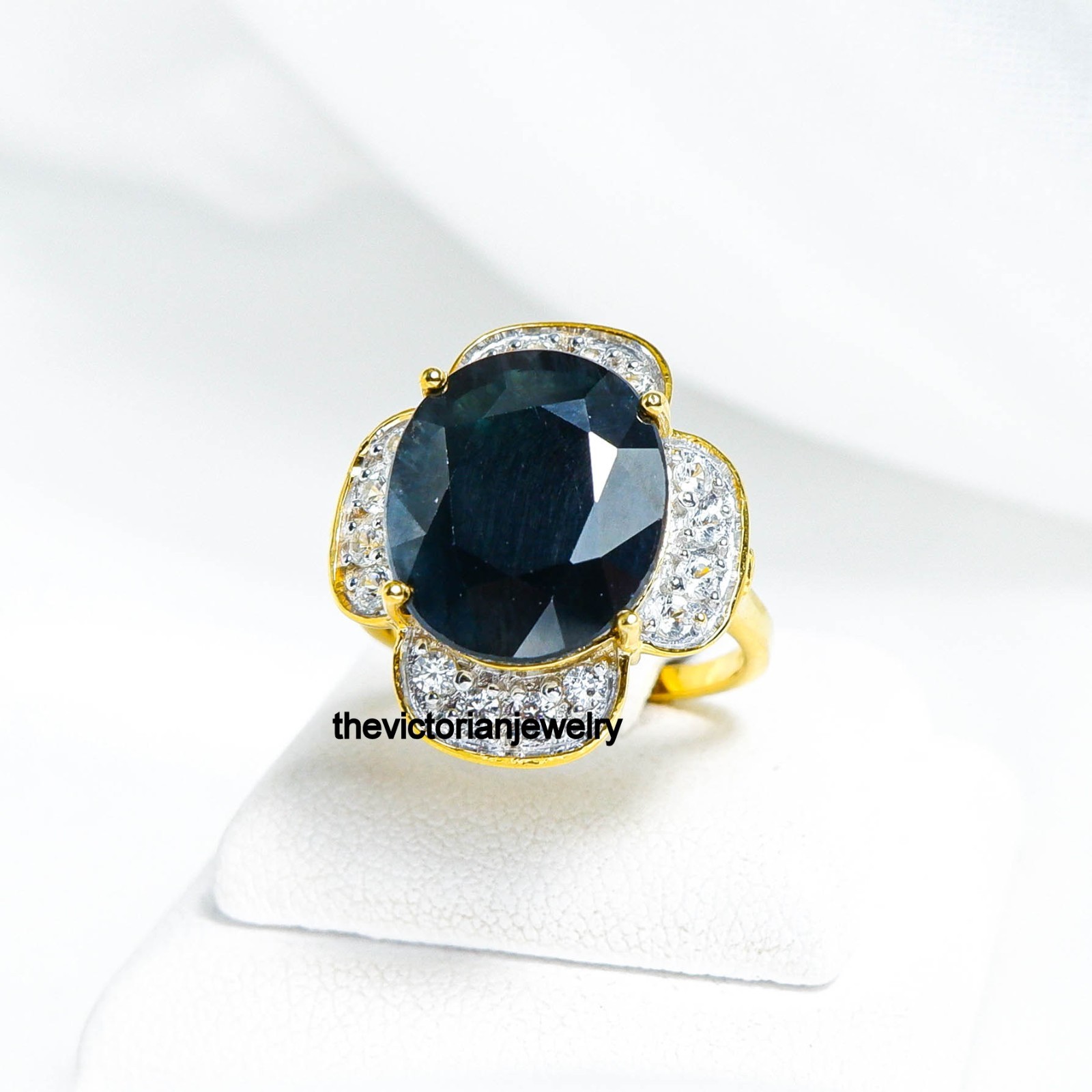 Blue Sapphire Diamond Gold Plated Handmade Victorian Ring Cocktail Jewelry