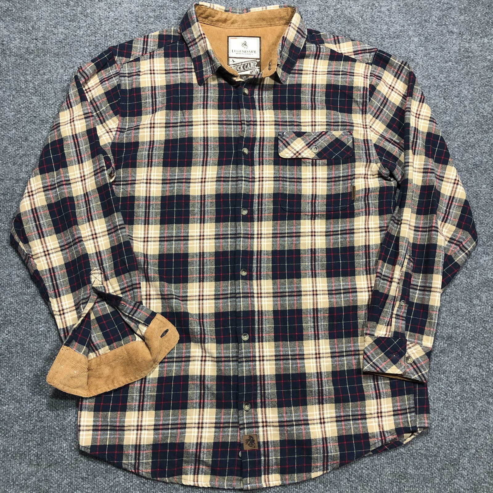Legendary Whitetails Buck Camp Flannel Shirt Men Size LT Tall Blue/Khaki Plaid