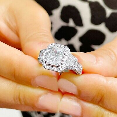 Pre-owned Radiant Igi Certified 14k Solid White Gold  Diamond Engagement Ring Halo 4.25ctw