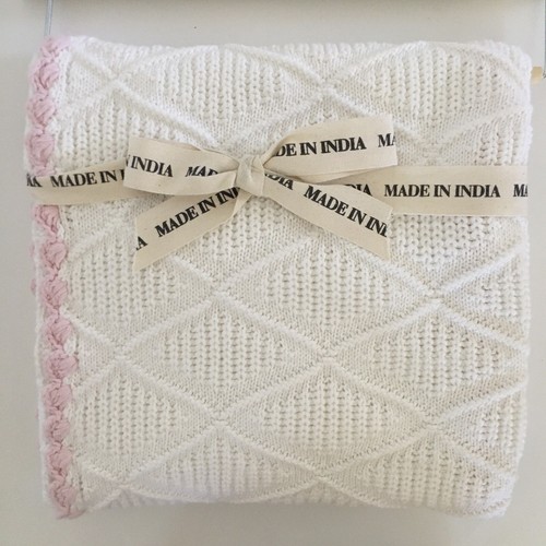 NEW Baby Blanket Cotton Knit White with Pink Trim  | Made in India