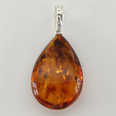 Cognac / Brown BALTIC AMBER Teardrop / Pear Pendant 925 STERLING SILVER #167e