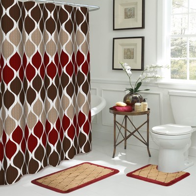 15-Piece Shower Curtain Set 72''x72'' Clarisse Espresso/Barn Red