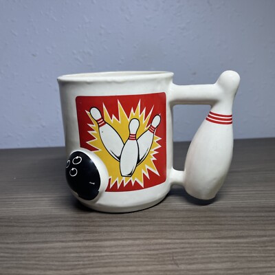 Vintage Earthenware 3D Bowling Ball And Pins Sporting Coffee Mug Sports Red