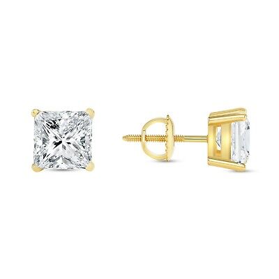 Pre-owned Shine Brite With A Diamond 3.5 Ct Princess Cut Earrings Studs Real Solid 18k Yellow Gold Screw Back Basket In White/colorless