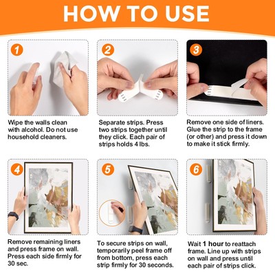 24 Pairs Picture Hanging Strips Removable Hook and Loop Tape Adhesive Strip