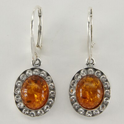 Cognac / Brown BALTIC AMBER Oval Leverback Earrings 925 STERLING SILVER #1584e