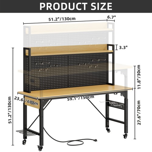 59" L Heavy-Duty Adjustable Workbench with Pegboard & Power Outlets Work Bench