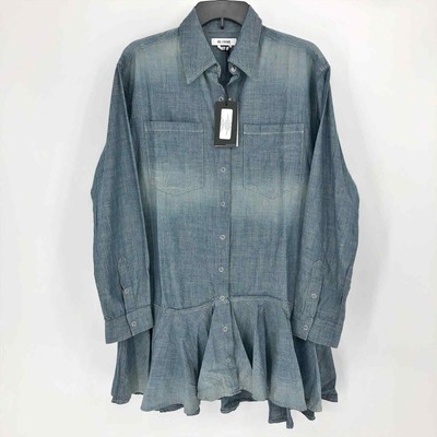 RE/DONE Curved Seam Oxford Shirt Dress Small Chambray Button Front Flounce NWT