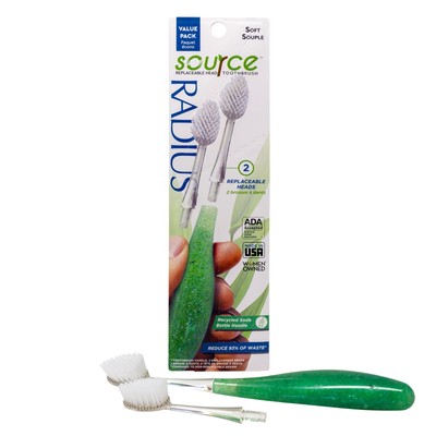 Radius Source Toothbrush with Replaceable Heads Value Pack 1 Handle 2 Heads Soft