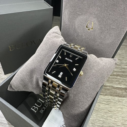 Pre-owned Bulova New✅  Quadra Diamond Date Black Dial Rectangle Two Tone Men's Watch 98d153