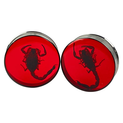 Pair of Embedded Scorpion Plugs in Scarlet Red Resin (MTO-044) gauges handmade