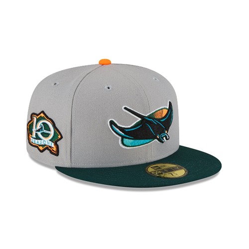 

[70603947] Mens New Era MLB 59Fifty 10th Anniversary - Tampa Bay Devil Rays, Grey/dark green