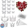 Flower Bouquet Accessories Including 4Pcs Crown Cake Topper Mini Tiara,12 Butterfly Decorations and 50Pcs Bouquet Pins for Birthday Wedding