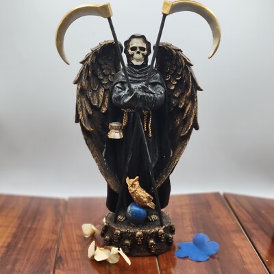 SANTA MUERTE BLACK 12'' HOLY DEATH STATUE/ WITH WINGS & TWO SCYTHES./ GRIM REAPER
