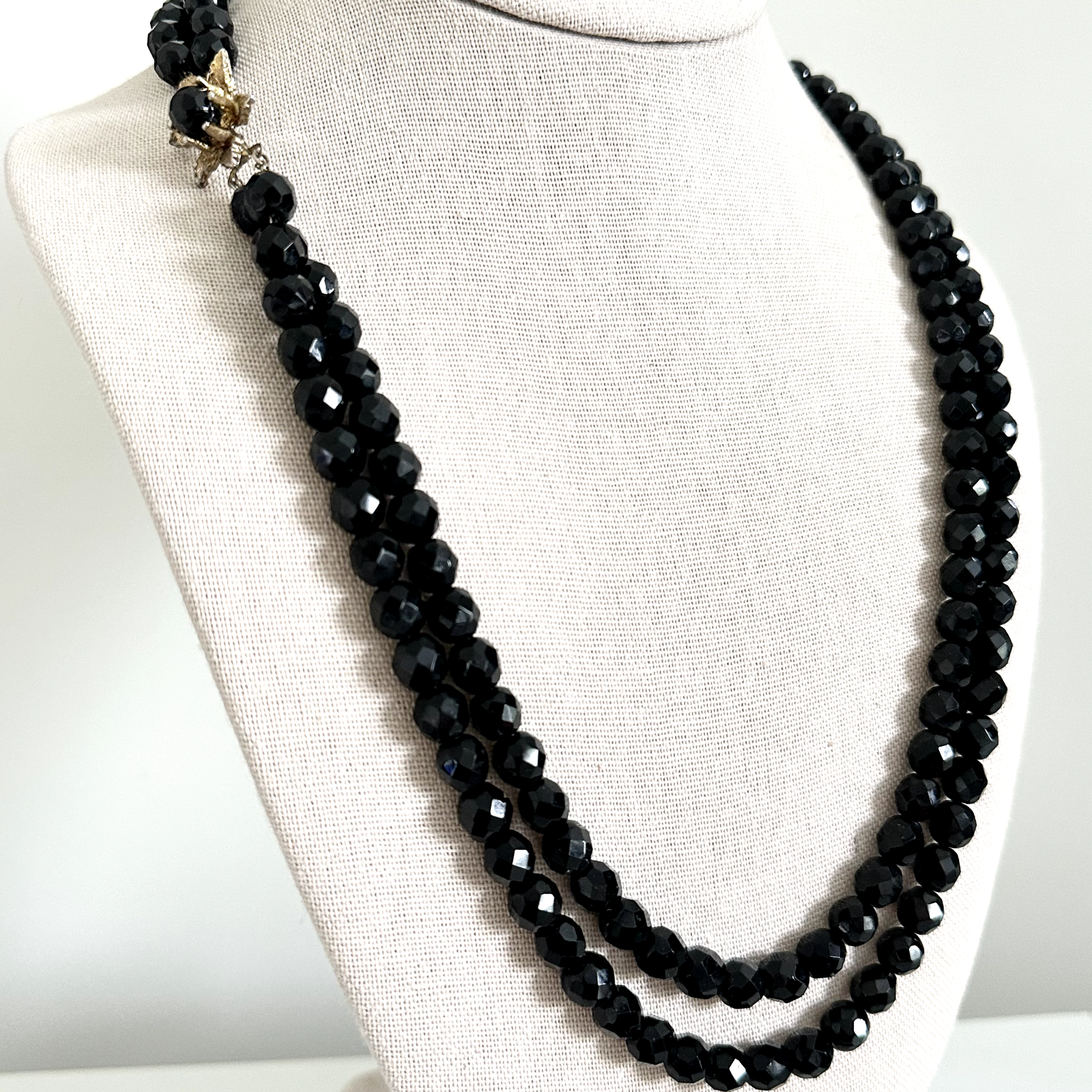 Vintage Black Jet Crystal Long Beaded Double Strand Flower