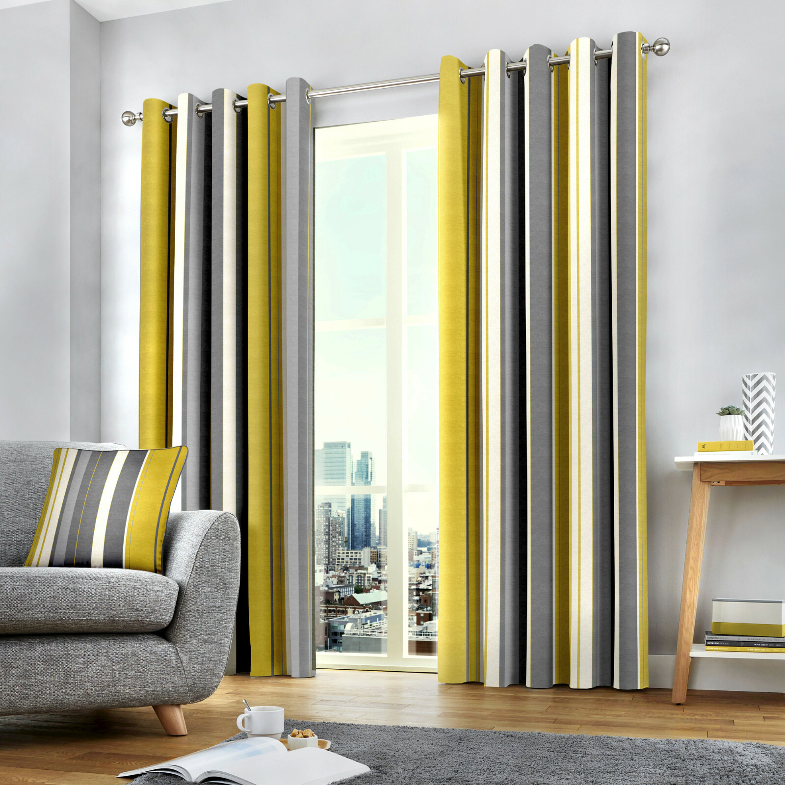 Ochre Eyelet Curtains Yellow Mustard Whitworth Stripe Lined Ring Top Pairs eBay