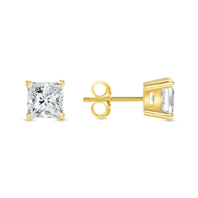 Pre-owned Shine Brite With A Diamond 2.5 Ct Princess Cut Earrings Studs Real Solid 14k Yellow Gold Push Back Basket In White/colorless