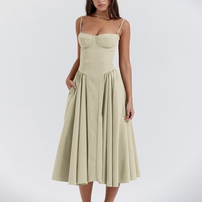 Womens Corset Dress Elegant Midi Dress Flowy Pleated Hem Low Cut Prom Dress