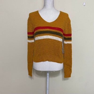 Active USA Pullover Striped Ribbed Knitted Sweater -  Large - Mustard/Red NEW