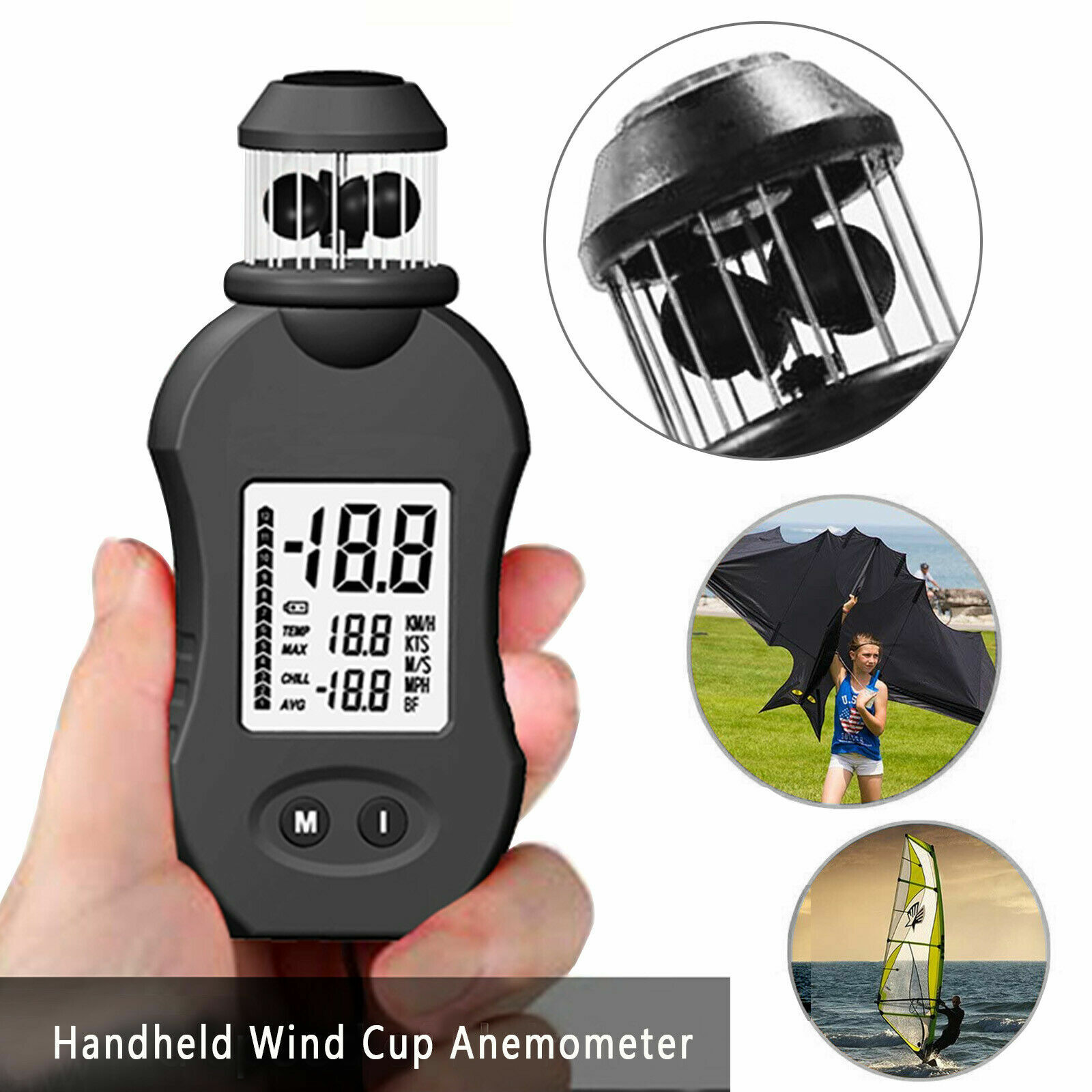 Handheld Anemometer Digital Cup Beaufort-Bar Wind Speed Meter Gauge Data Record
