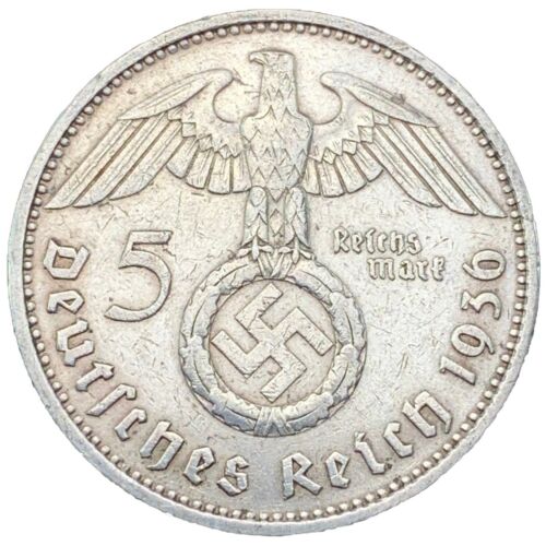 Rare Third Reich WW2 German 5 Reichsmark Hindenburg Silver Coin 