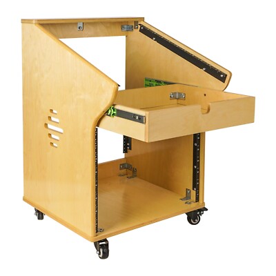Sound Town 8U Wood Studio Rack w/ 11U Mix Top, 2U Drawer, Golden Oak SDRK-M11X8