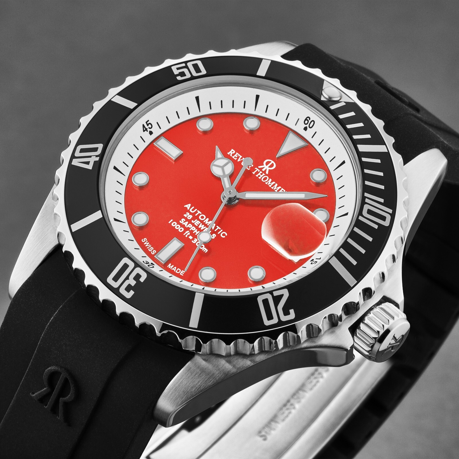 Pre-owned Revue Thommen 's Men's Diver Red Dial Rubber Strap Automatic Watch 17571.2338